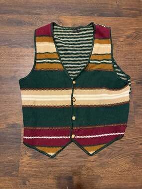Vintage 90s Structure Striped Knit Sweater Vest Green Burgundy Cotton Ramie